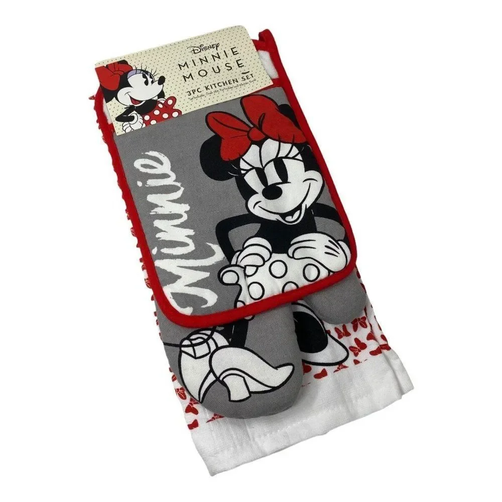 New Disney MINNIE MOUSE 3PC Kitchen Towel Oven‎ Mitt Pot Holder Set Home Parks